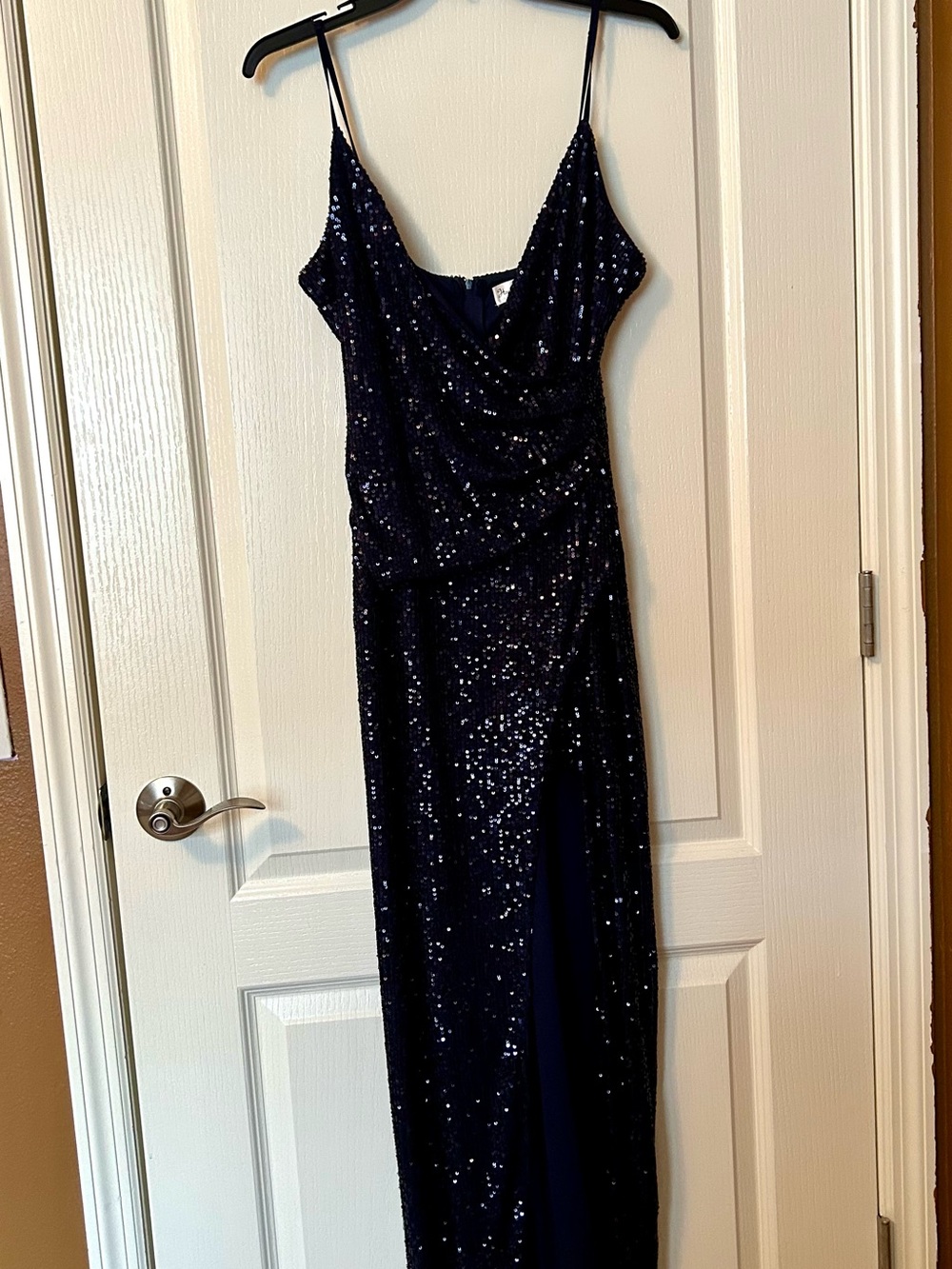 Navy Sequin Spaghetti-Strap Evening Dress